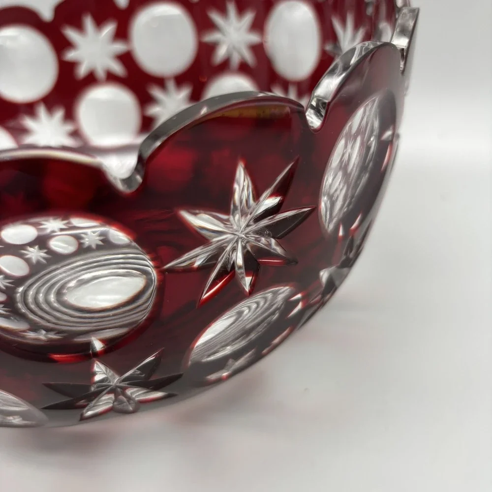 Vintage Bohemian Hand Cut Crystal Glass Ruby to‎ Clear bowl SIGNED 8.75
